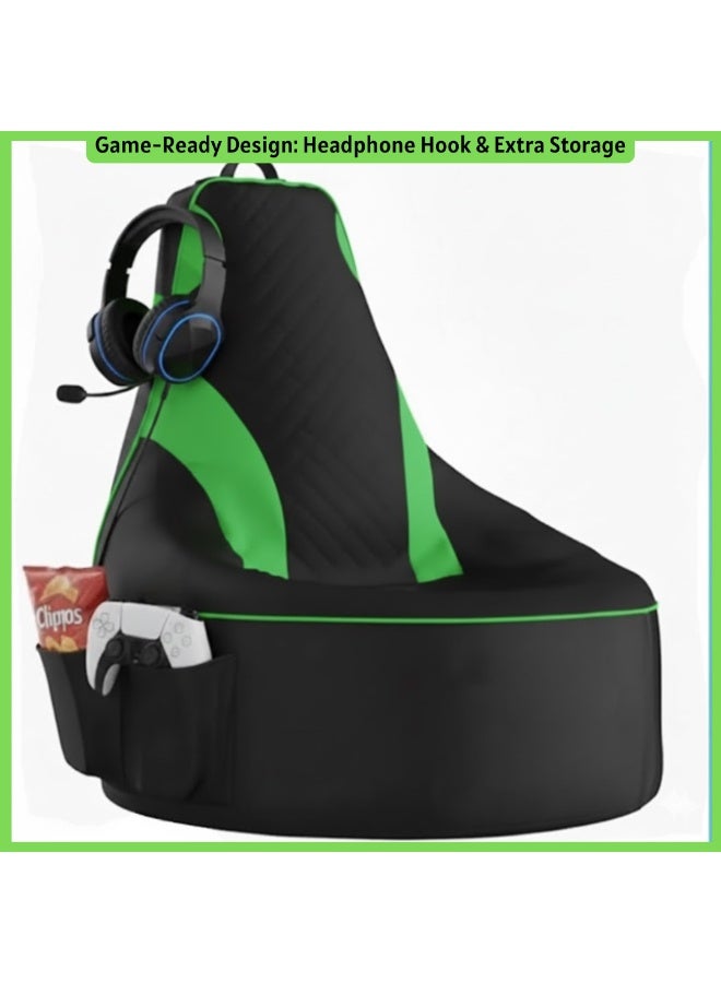 VELMORE Gaming Bean Bag Chair Cover ONLY – NO FILLING / WITHOUT BEANS | High-Back Quilted Seat, Side Pockets, Headphone Hanger & Water-Repellent Fabric - Green - Image 5